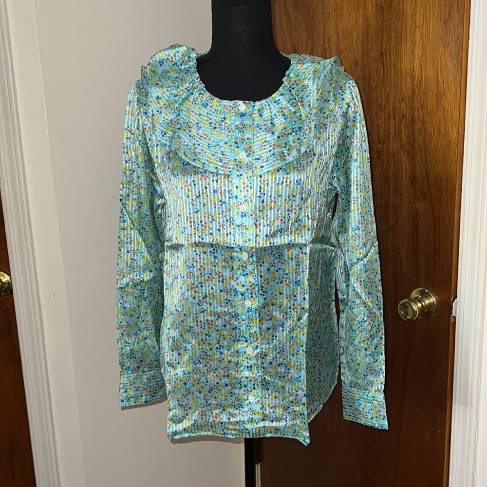 🆕J CREW Green Floral Ruffle Top Shirt - Picture 3 of 7